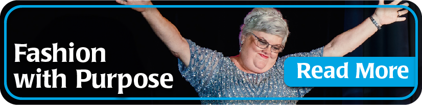 Woman in evening gown throws hands up in celebration Fashion with a Purpose Gala Click to Read More Lake Charles Memorial 